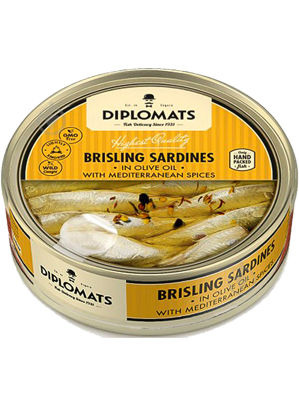 Brisling Sardines in Olive Oil with Mediterranean Spices Diplomats 160g