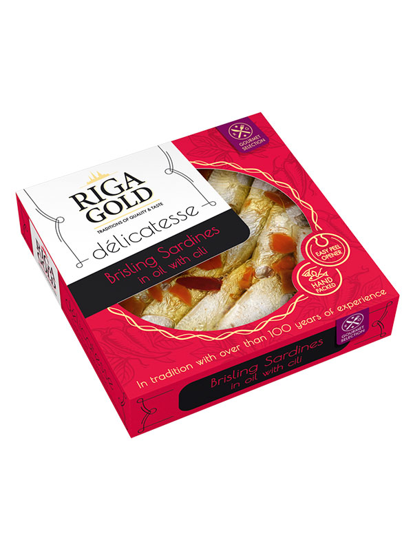 Brisling Sardines in oil with chilli Riga Gold, 120g, 48/box
